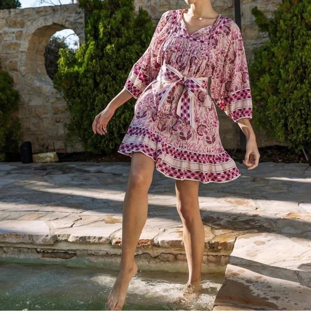 CLEOBELLA Purple & Pink Magdalena Boho Tie-Waist Mini Dress M generous fit